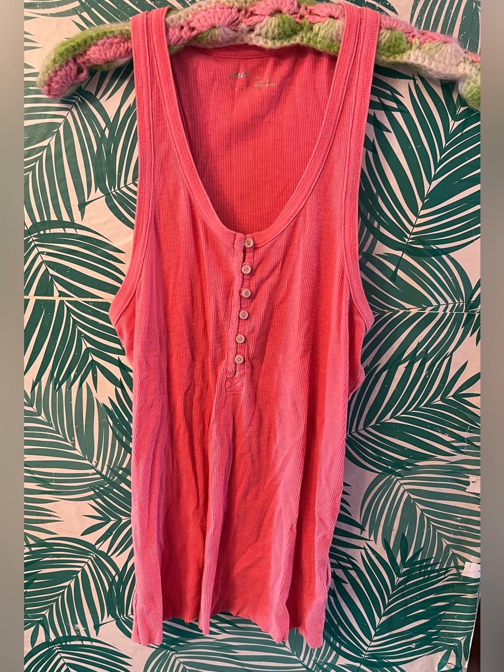 aerie No Bs Henley Coral Ribbed Button-Front Tank Sz L